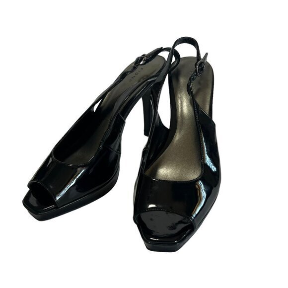 Fioni Women's Black Patent Leather Slingback Heels Size 8 4-Inch Heel Peep Toe - Picture 10 of 16